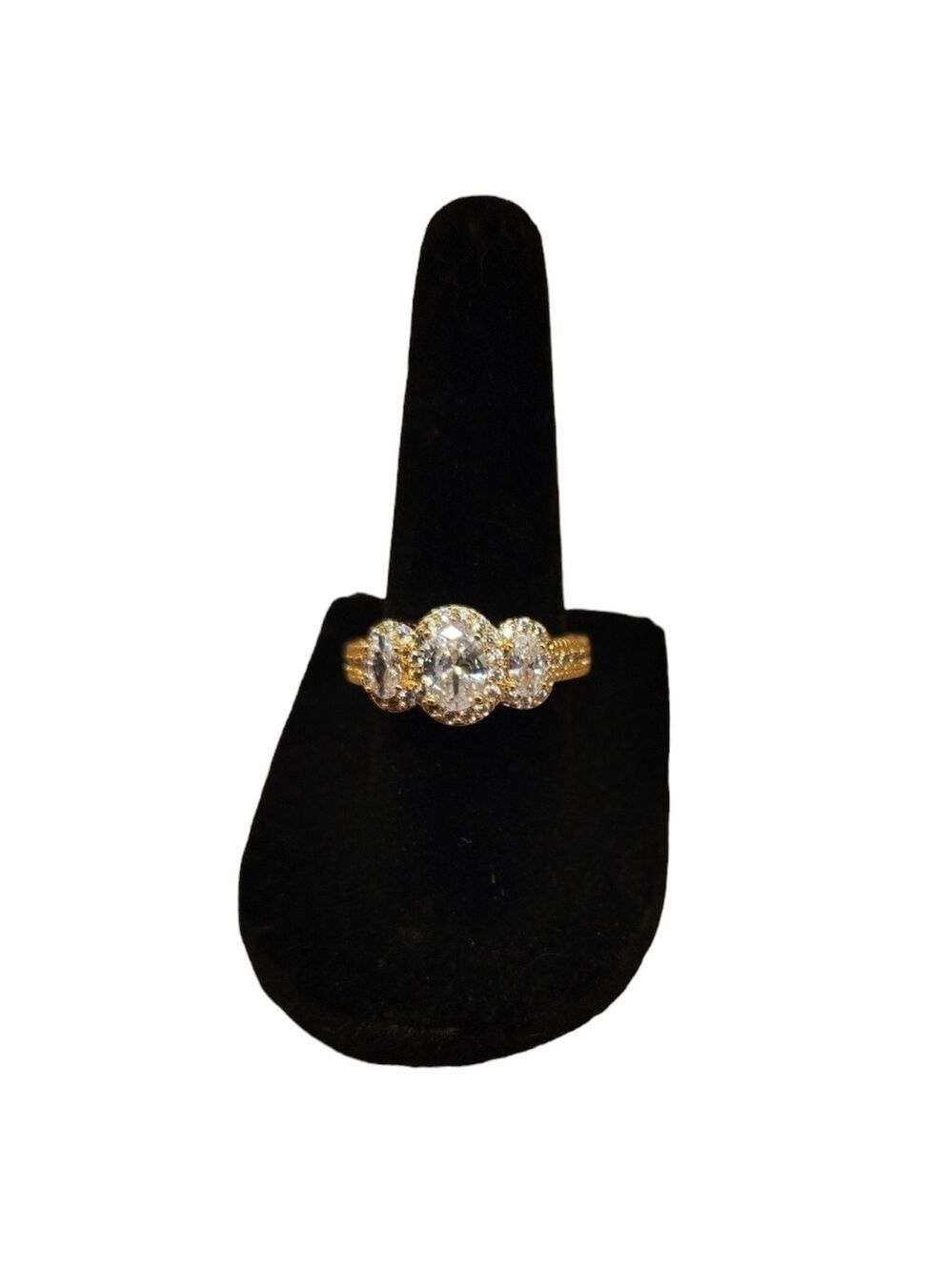 18K Gold Plated 3-Stone Simulated Diamond Halo Ring, 1.65 Ct, NEW - Picture 4 of 6